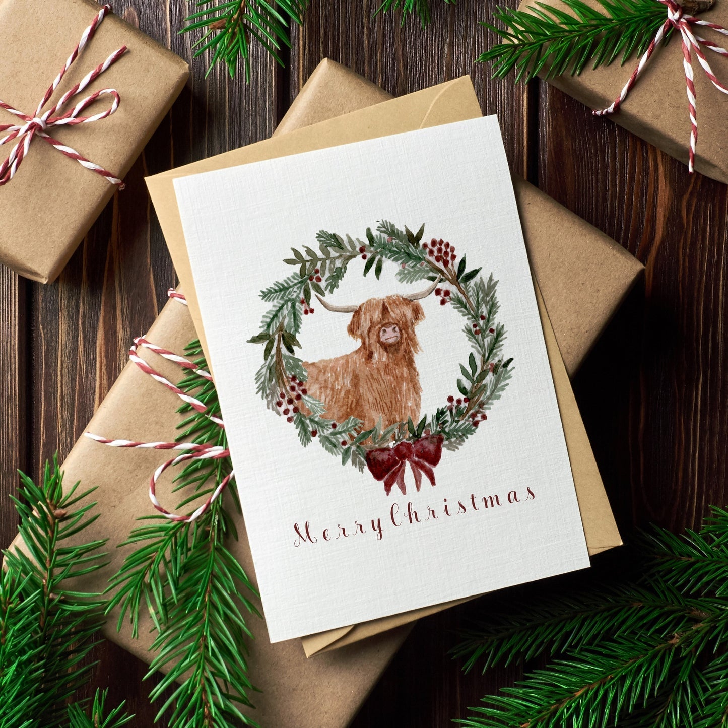 Highland Cow Wreath Card