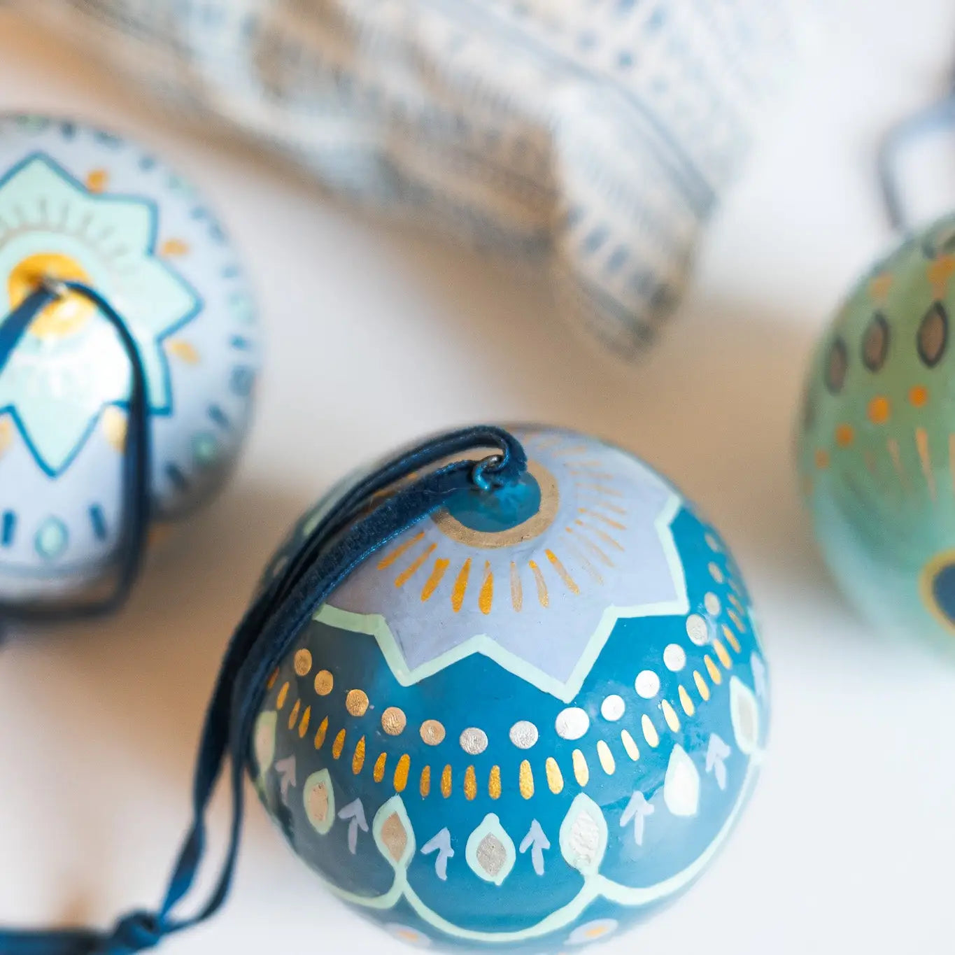 Frosty Blue Paper Mache Baubles - (Set of 3 in Gift Bag)