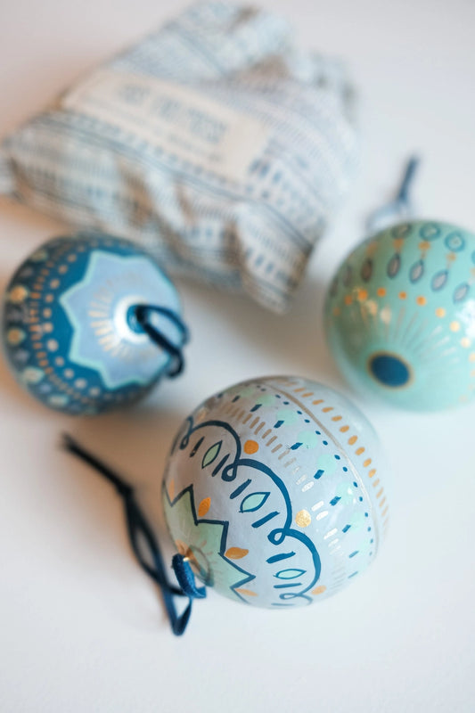 Frosty Blue Paper Mache Baubles - (Set of 3 in Gift Bag)
