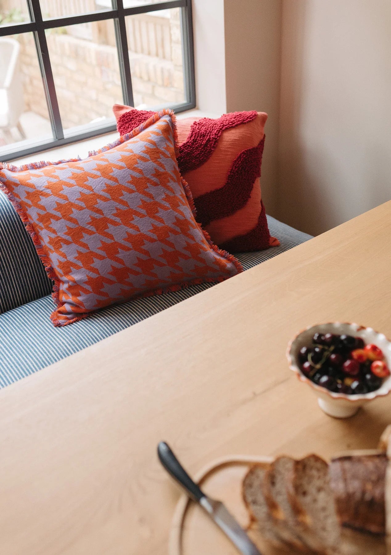Houndstooth Cotton Cushion Cover - Lilac & Orange
