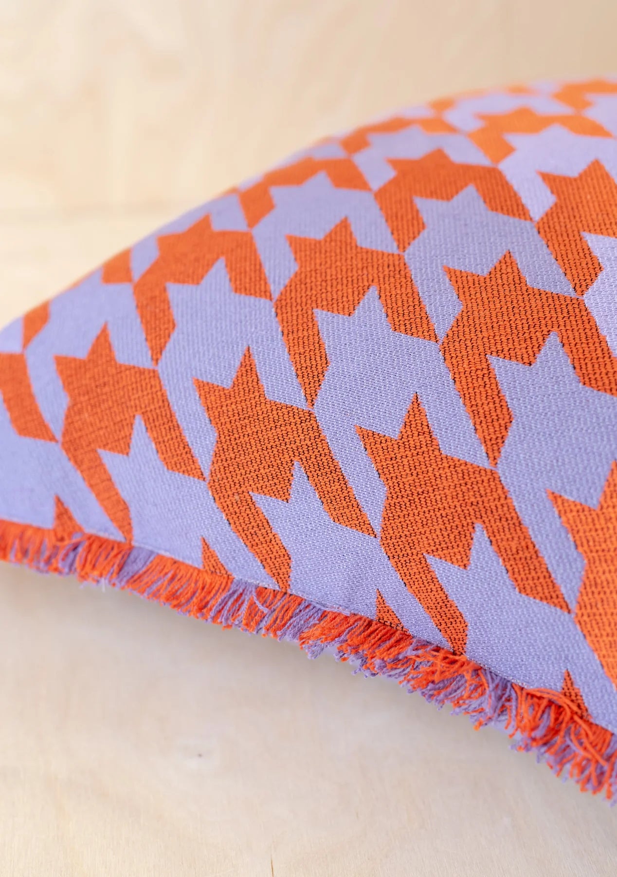 Houndstooth Cotton Cushion Cover - Lilac & Orange