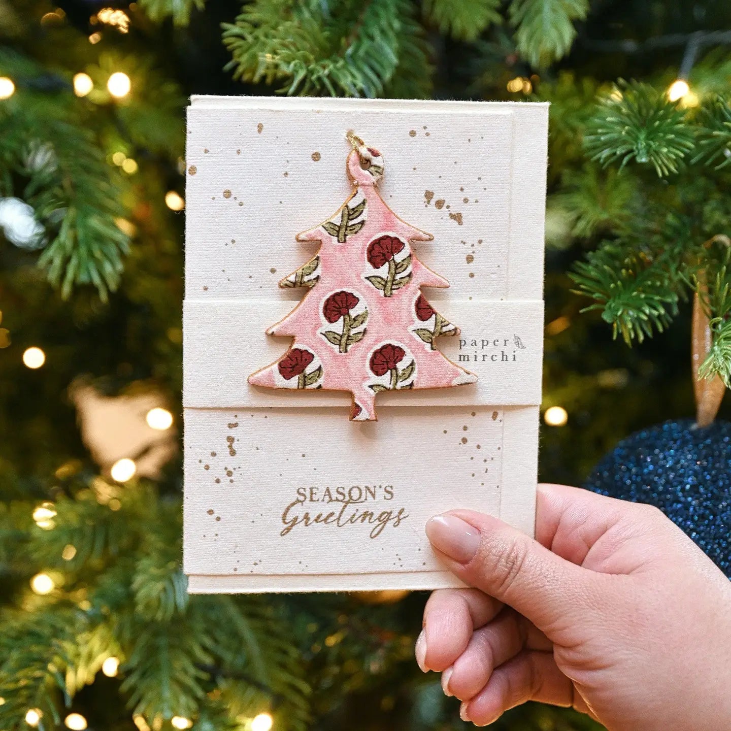 Keepsake Block Print Ornament Greeting Card - Tree Daisy Pink